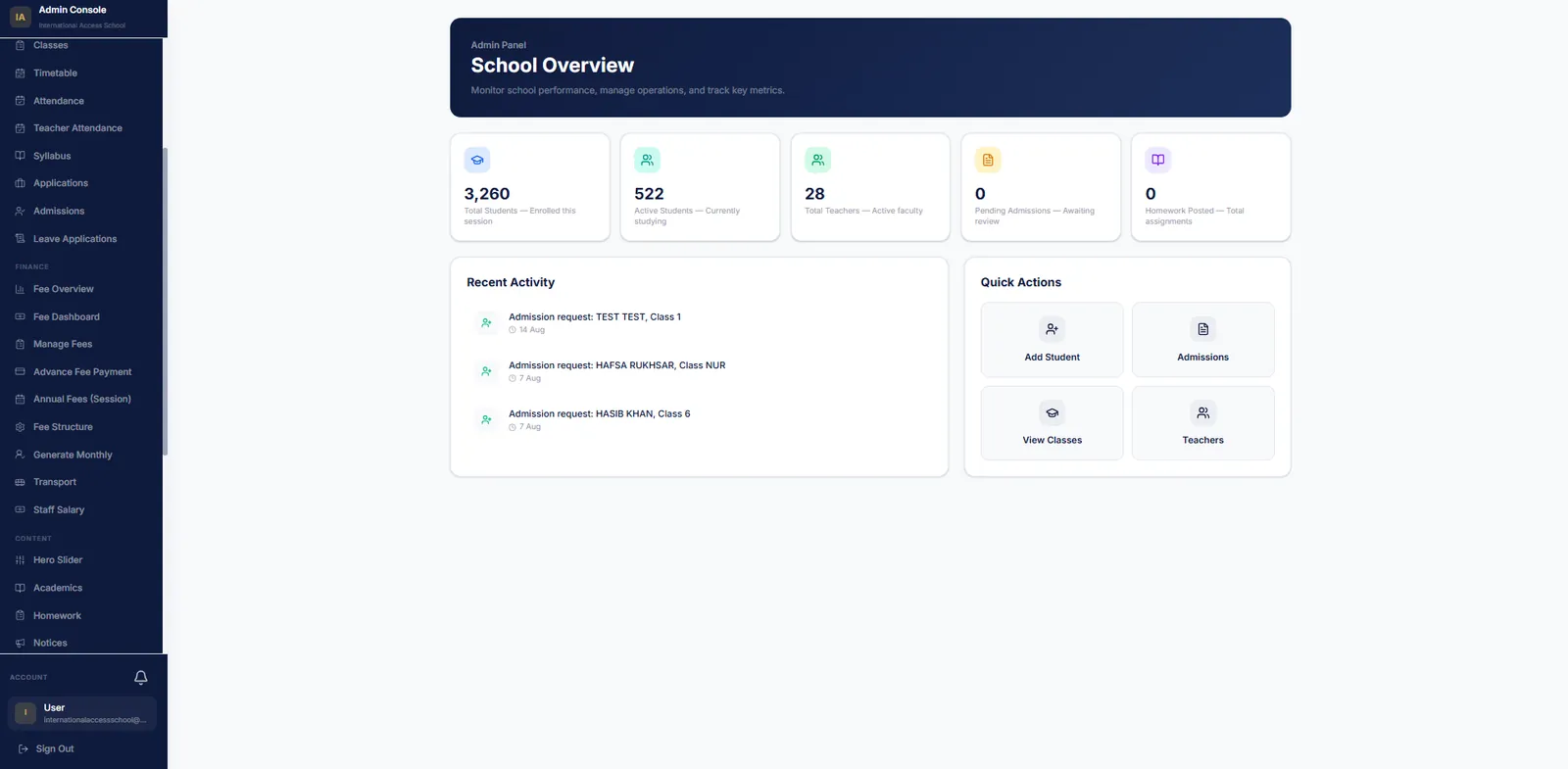 International Access School admin console showing student totals, fee modules and admission requests