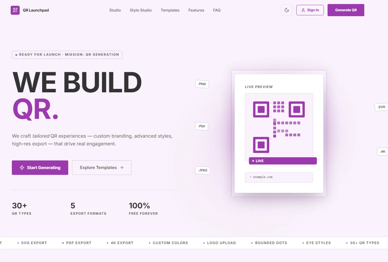 QR Launchpad studio showing a styled QR code and template gallery