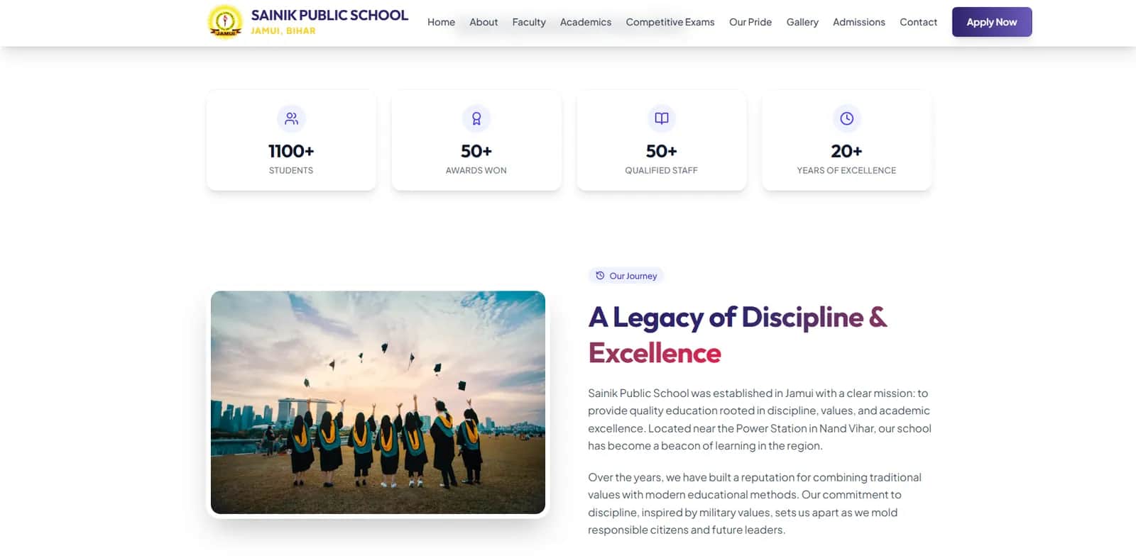 Sainik Public School Jamui home page showing school statistics and the Legacy of Discipline section