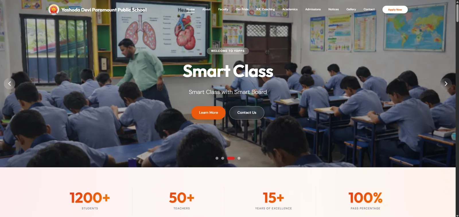 Yashoda Devi Paramount Public School home page showing the Smart Class hero and school statistics