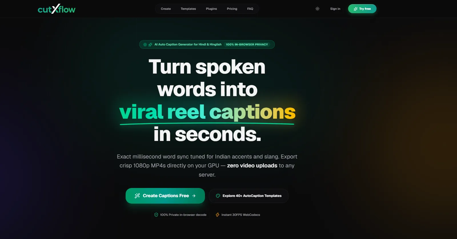 CutXFlow caption studio showing a reel with word-level animated captions
