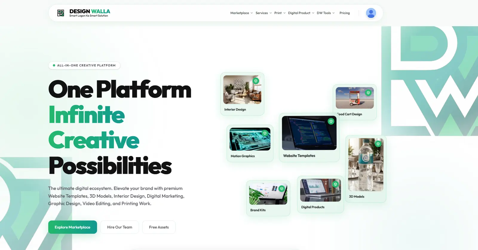 Design Walla home page showing the all-in-one creative platform hero and marketplace categories