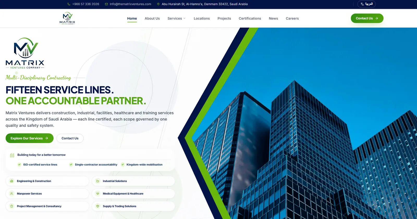 Matrix Ventures home page showing the fifteen service lines hero and Saudi contact bar