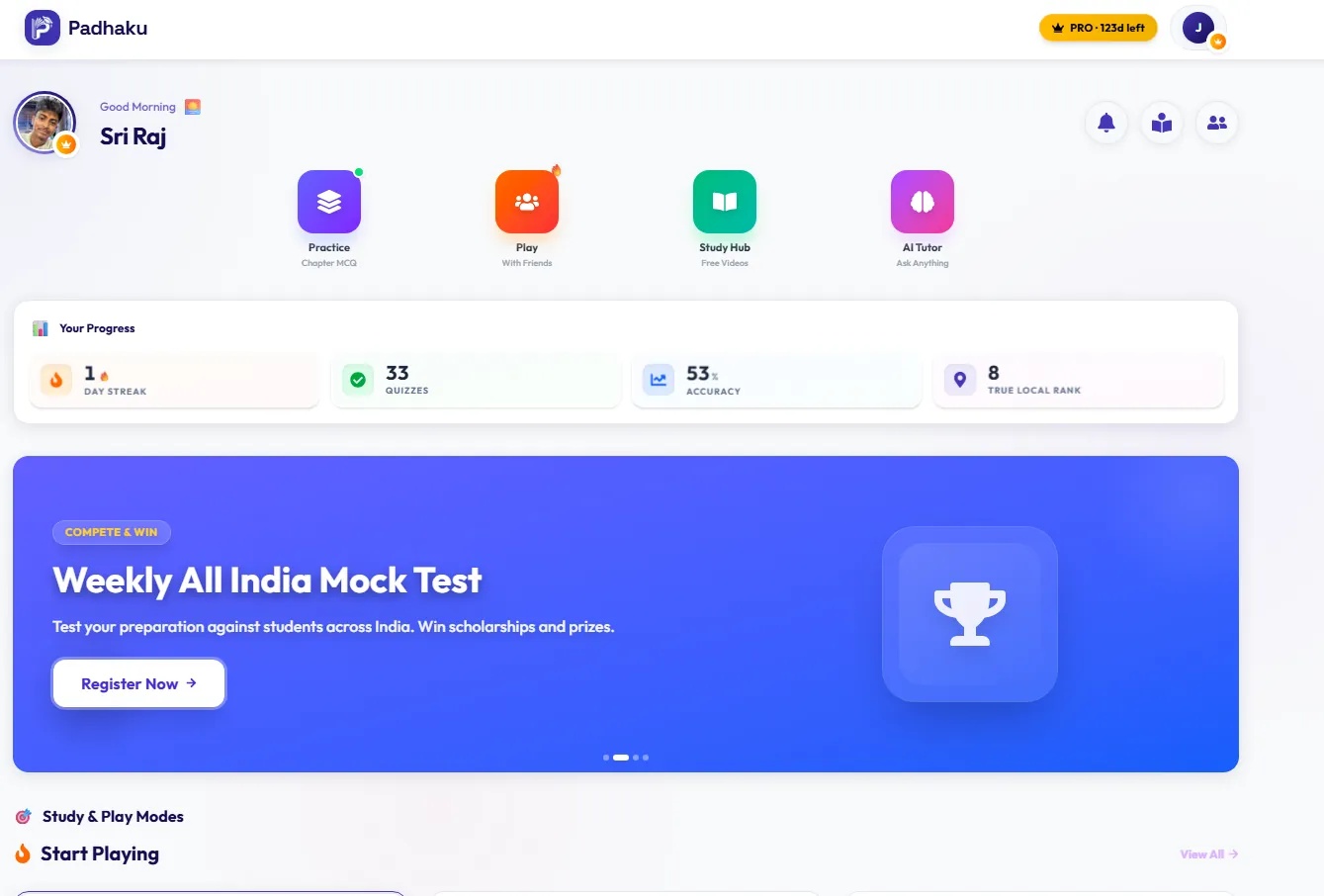 Padhaku student dashboard showing streaks, quiz accuracy and practice modes